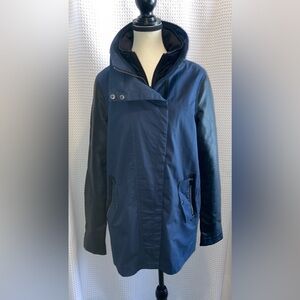 Women’s Erika‎ cotton Navy blue faux black leather bib front Jacket size medium